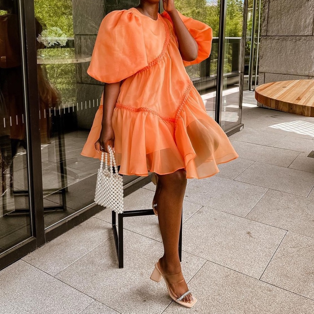 Aje Riviera Asymmetric Braided Puff Sleeve Smock Dress